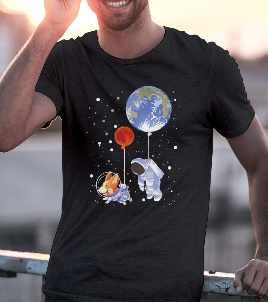 Corgi Astronaut And Human Floating With Earth And Mars Balloons In Space T-Shirt