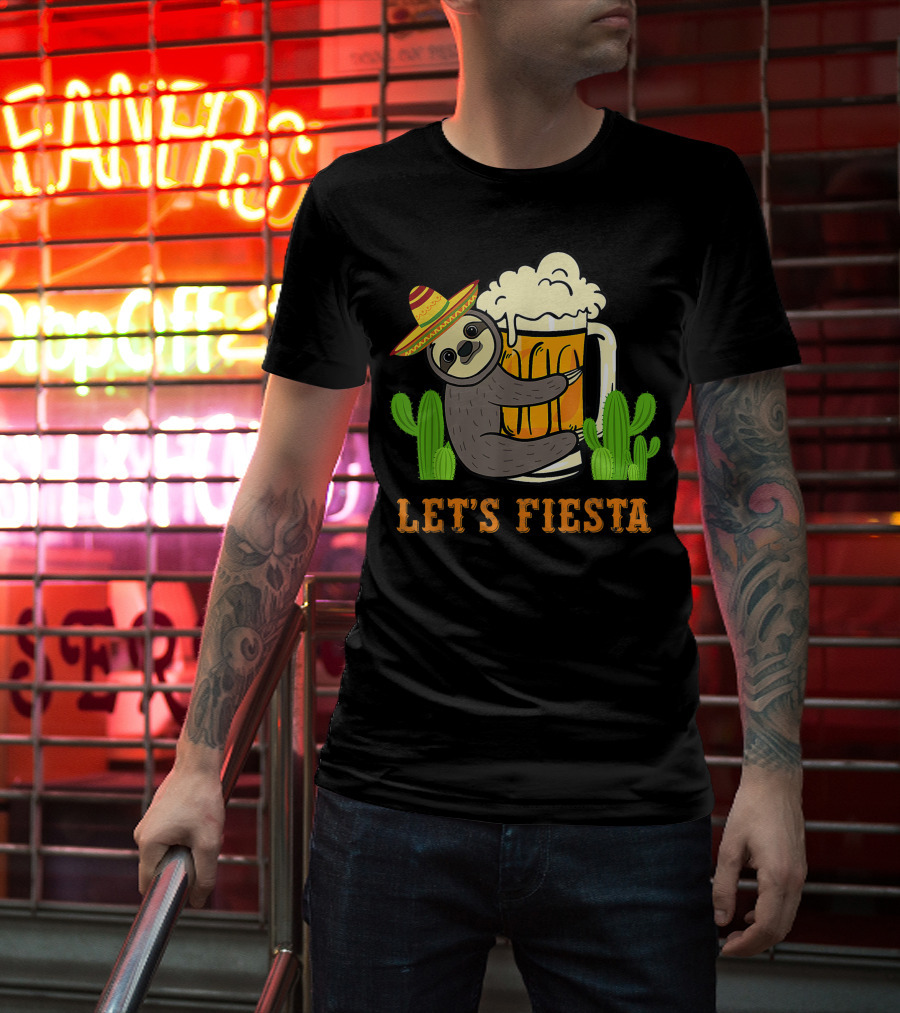 Let's Fiesta Sloth With Beer And Mexican Cactus Celebrating Cinco De Mayo T-Shirt