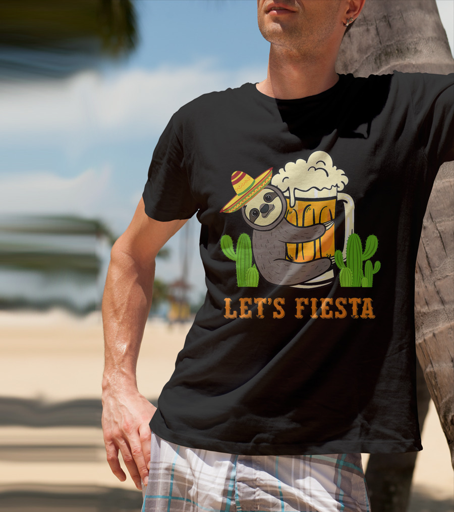 Let's Fiesta Sloth With Beer And Mexican Cactus Celebrating Cinco De Mayo T-Shirt