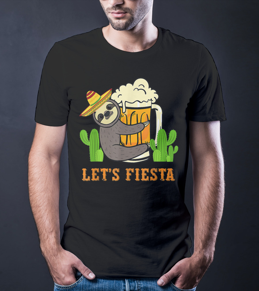 Let's Fiesta Sloth With Beer And Mexican Cactus Celebrating Cinco De Mayo T-Shirt