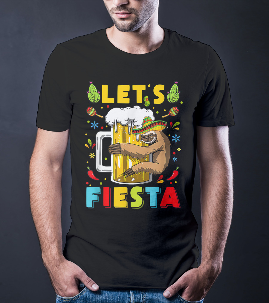 Fiesta Sloth Hugging Beer Mug With Sombrero And Mexican Decor For Cinco De Mayo T-Shirt