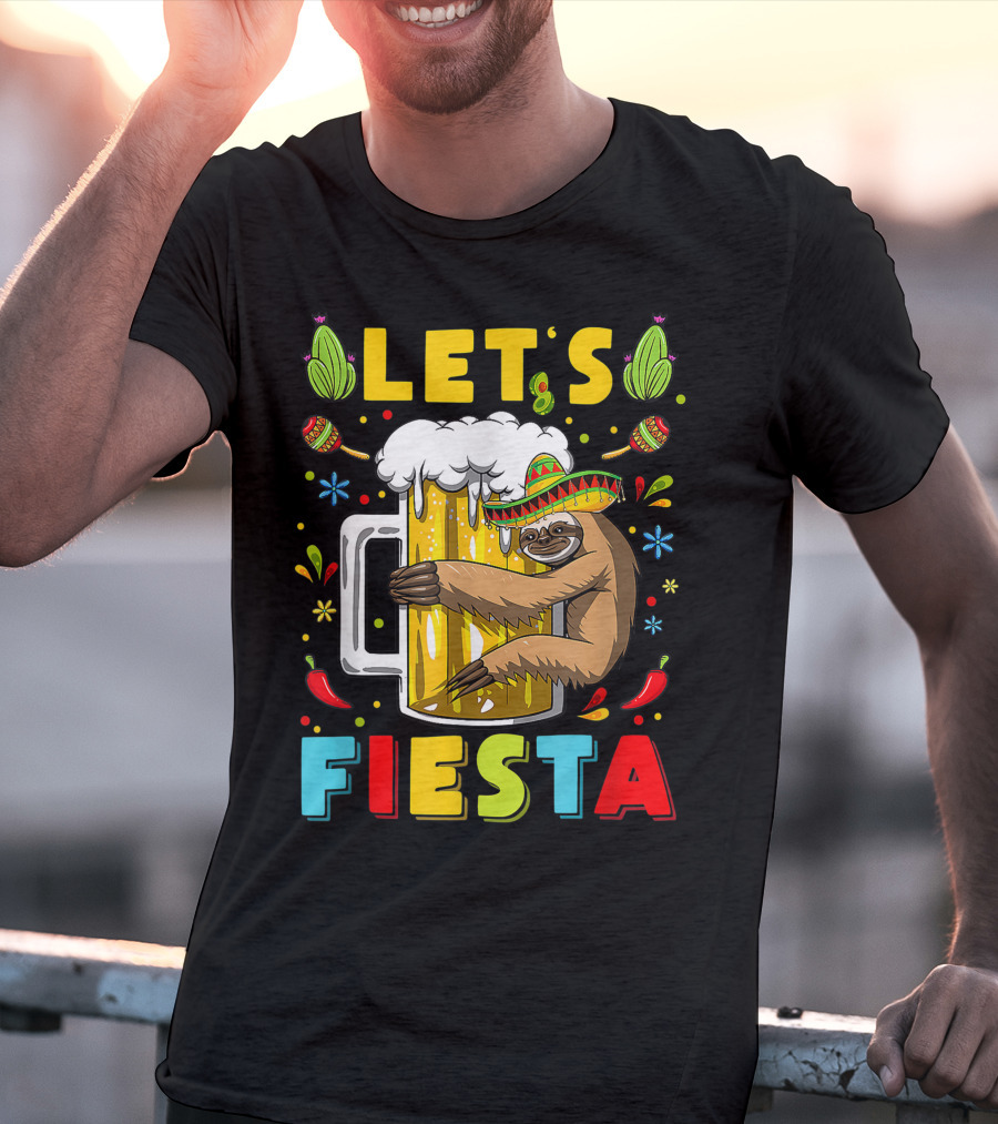 Fiesta Sloth Hugging Beer Mug With Sombrero And Mexican Decor For Cinco De Mayo T-Shirt