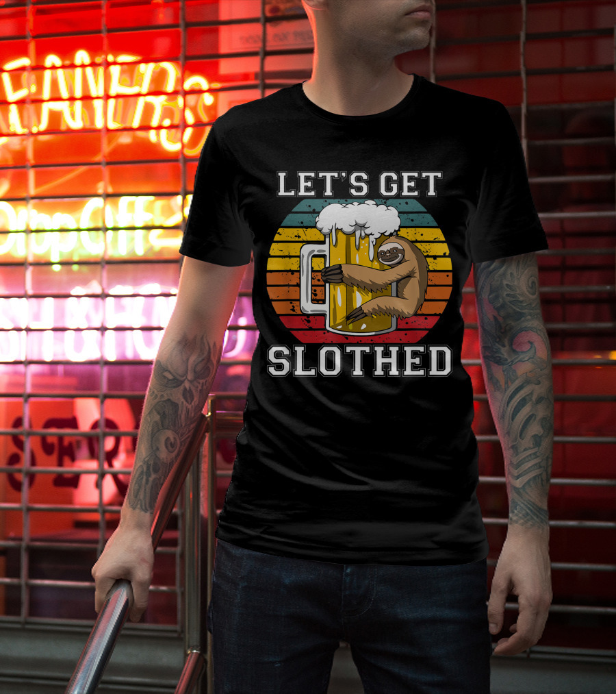 LET'S GET SLOTHED Retro Beer Mug And Sloth Hug T-Shirt