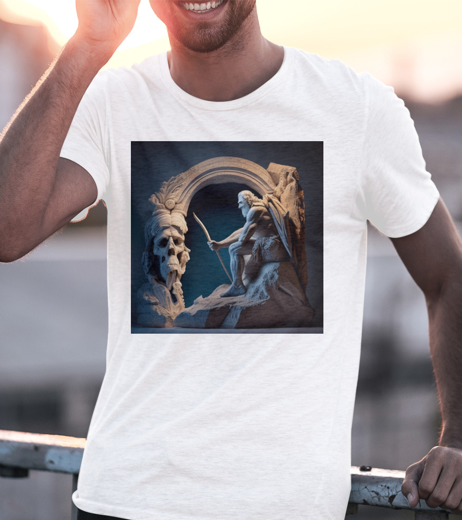 A Strong Old Man Warrior Statuesque Power In Mythical Stone Arch T-Shirt