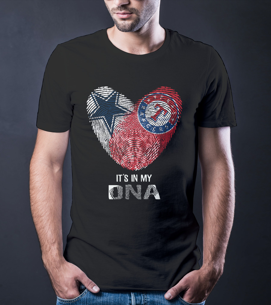 Cowboys Rangers It's In My DNA Fingerprint Heart With Star And Baseball T-Shirt