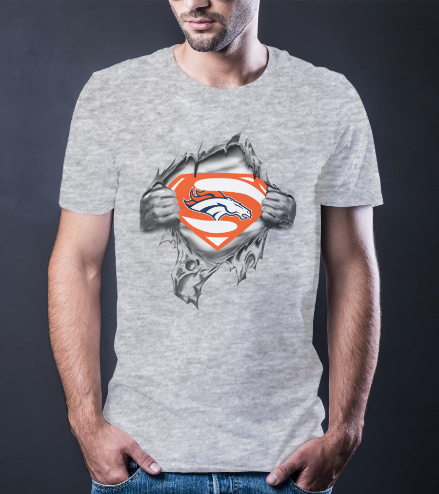 Broncos Super Man Logo Gray Torn Effect T-Shirt