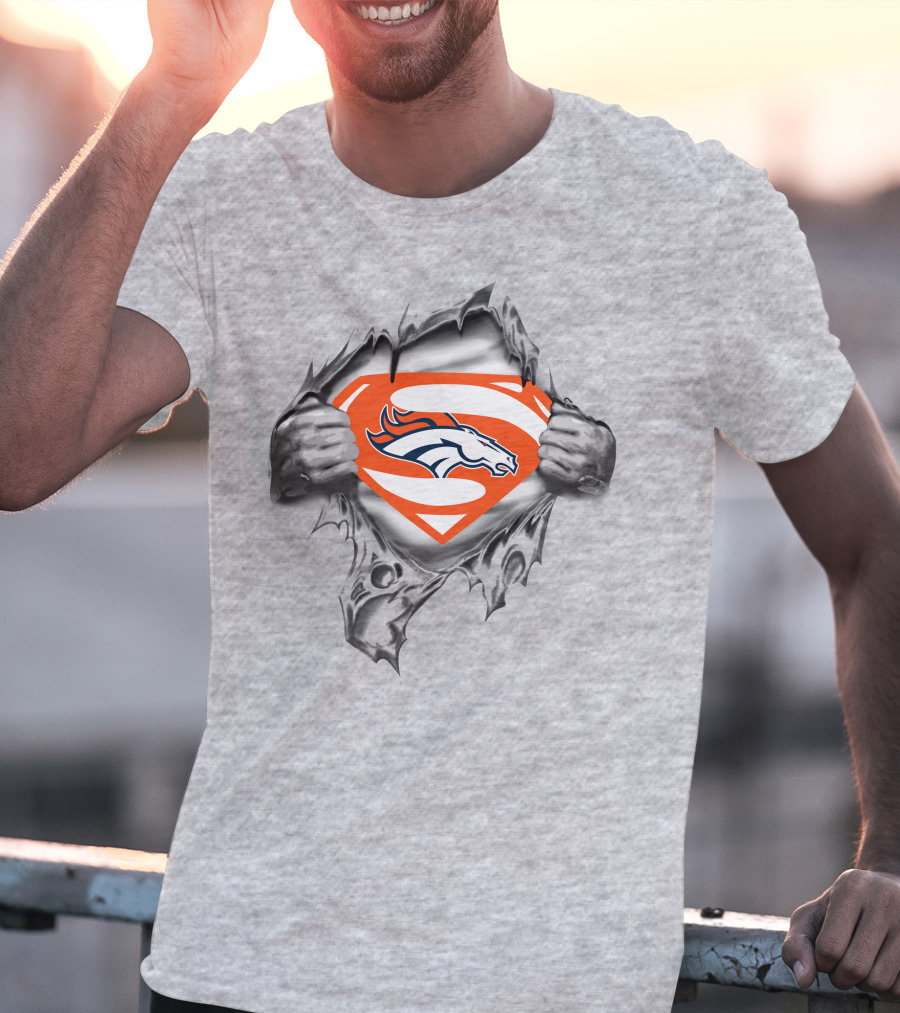 Broncos Super Man Logo Gray Torn Effect T-Shirt