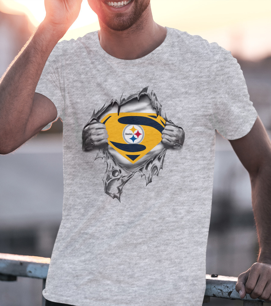 Steelers Super Man Emblem Rip Through Fabric T-Shirt