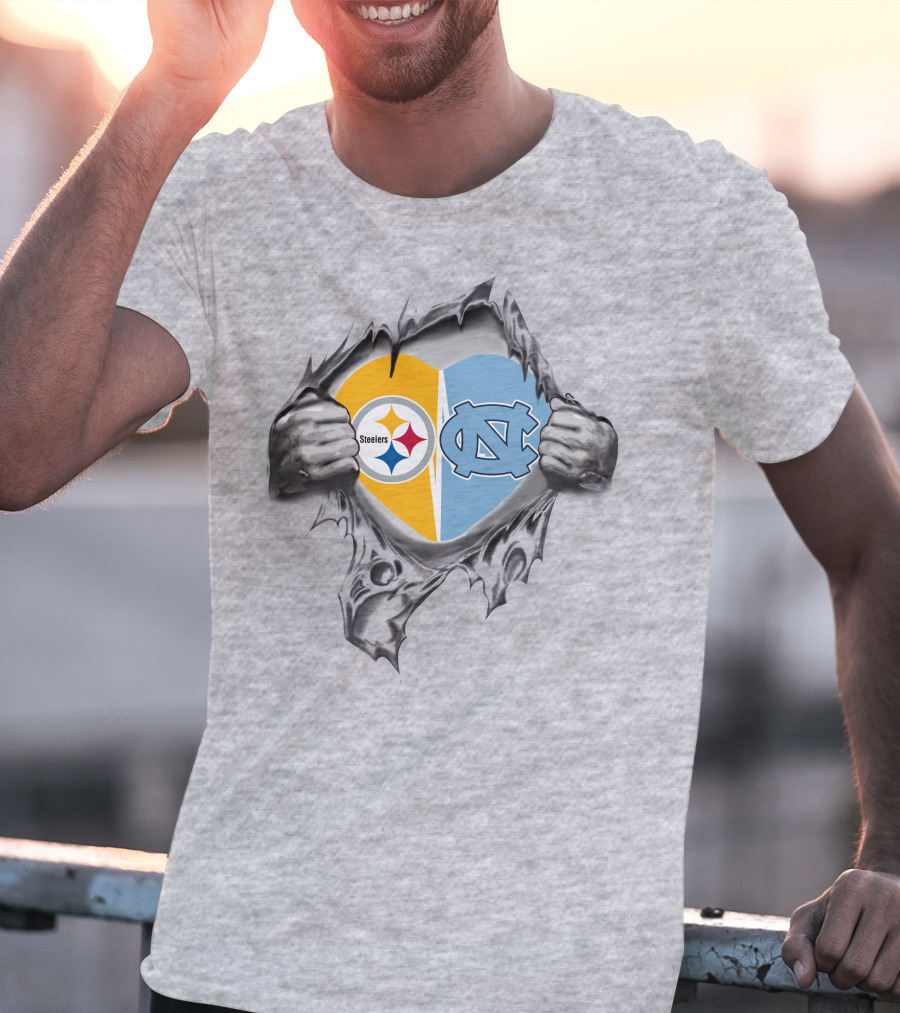 Steelers Nc Tar Heels Heart Rip Steelers Logo Tar Heels Nc T-Shirt