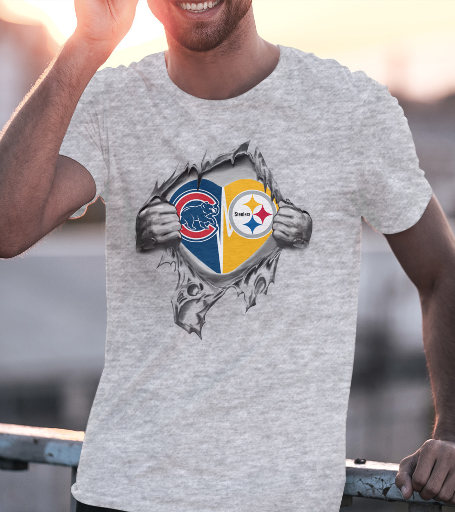 Cubs Steelers Heart Rip Fusion With Iconic Logos T-Shirt