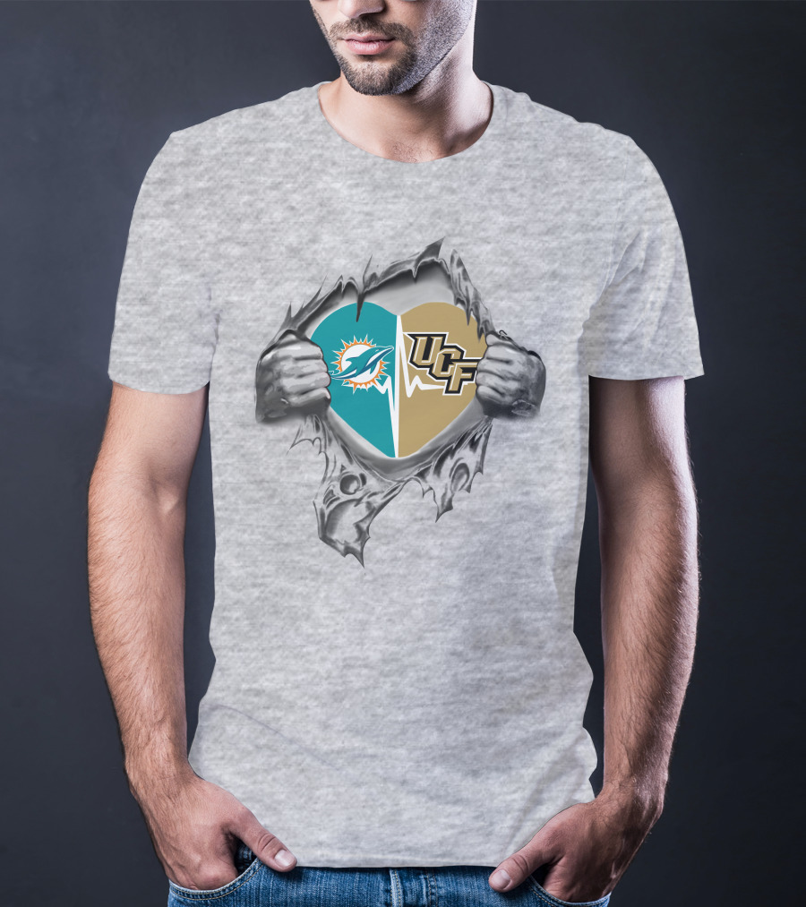 Dolphins UCF Heart Logo Design With Torn Fabric Effect T-Shirt