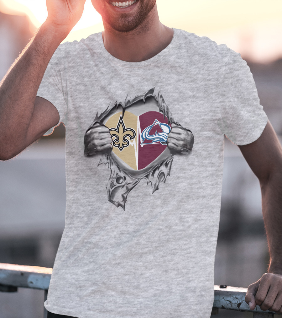 Saints Avalanche Heart Icon With Team Logos In Torn Metal Style T-Shirt