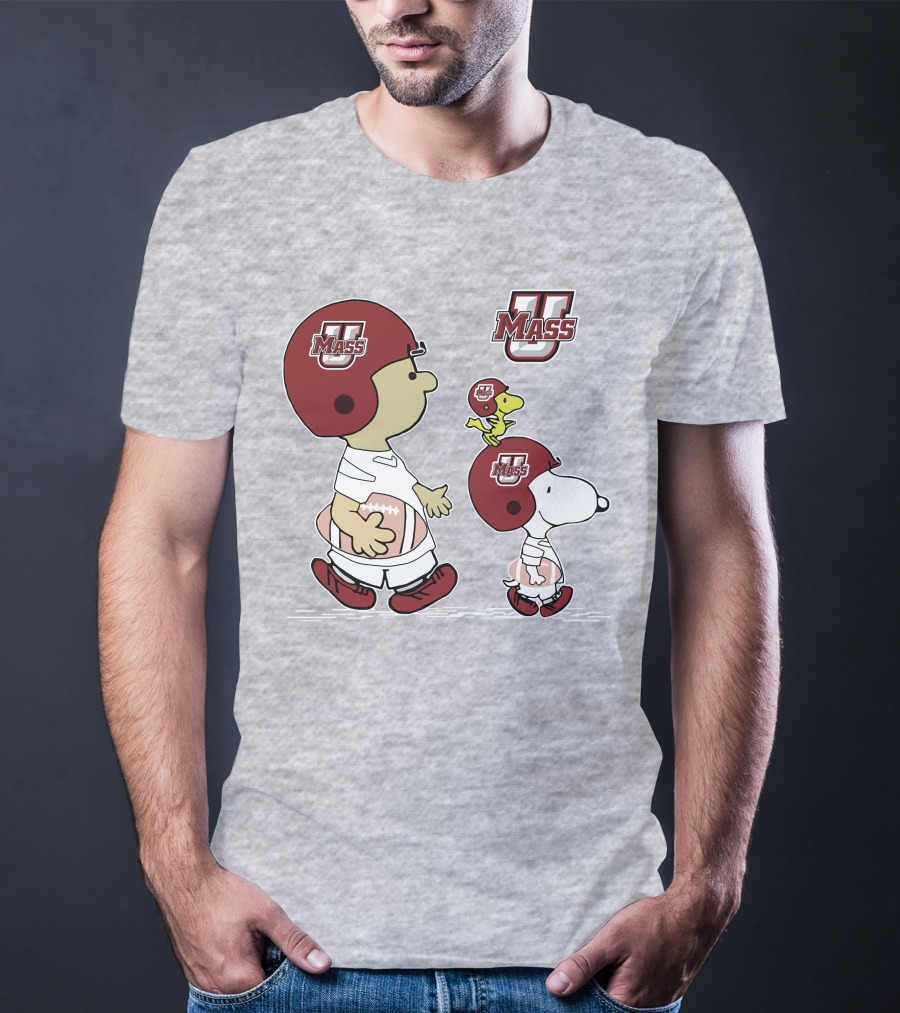 U Mass School Spirit Snoopy Football Helmet Charlie Woodstock T-Shirt