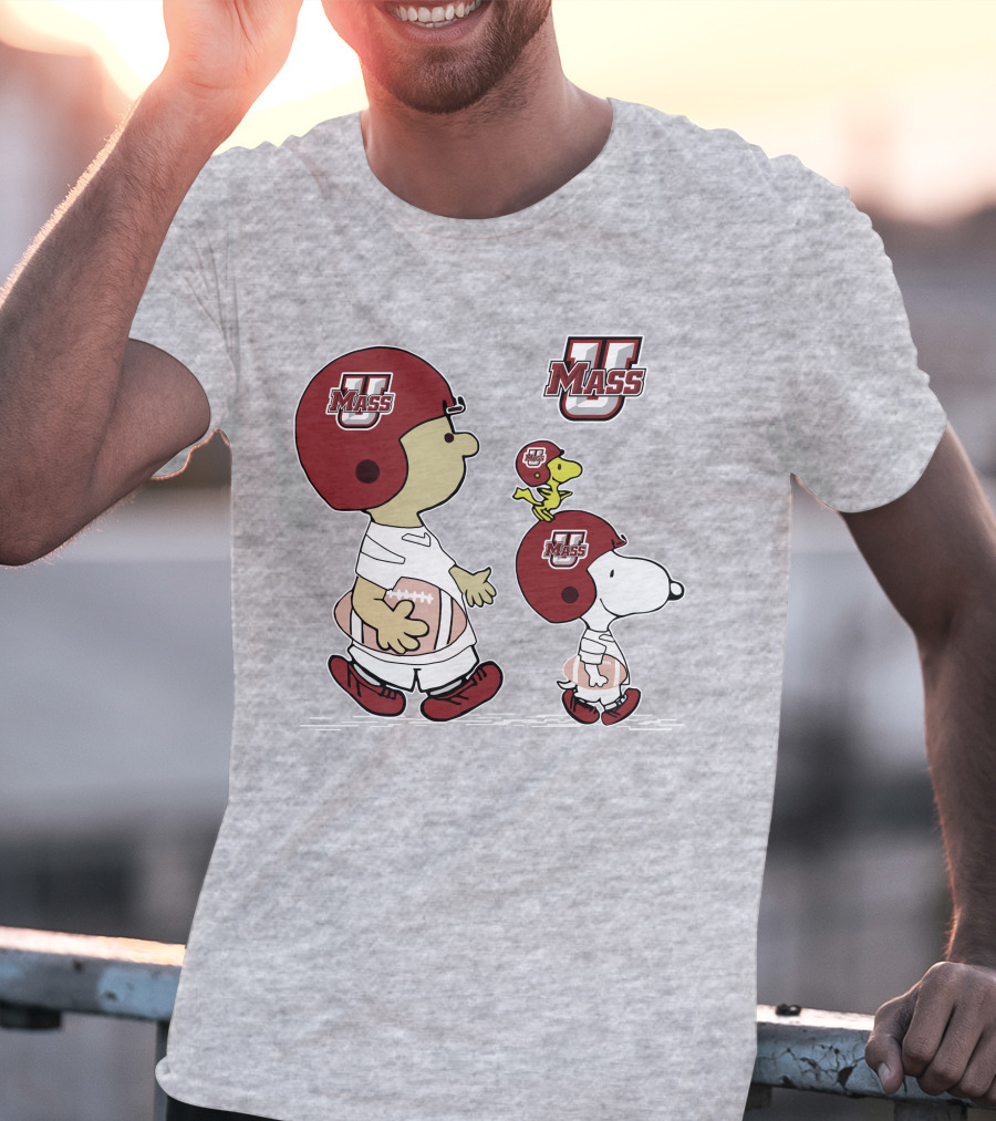 U Mass School Spirit Snoopy Football Helmet Charlie Woodstock T-Shirt