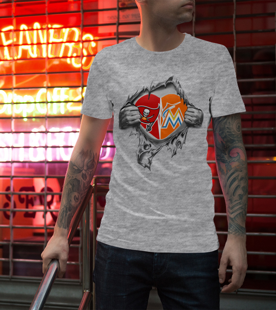 Buccaneers And Miami Marlins Heart Inside Tear T-Shirt