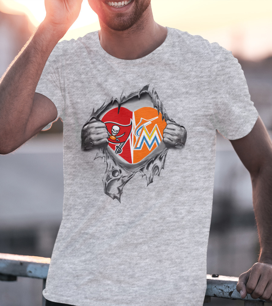 Buccaneers And Miami Marlins Heart Inside Tear T-Shirt