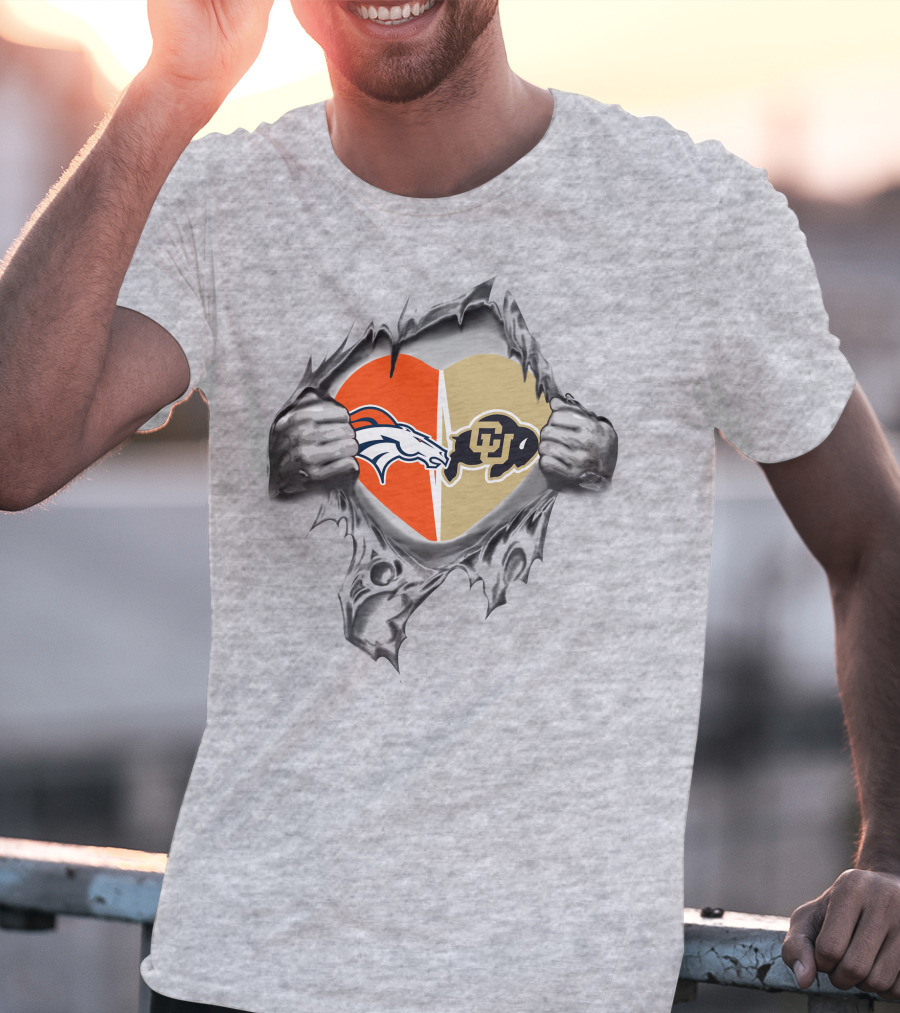 Broncos Buffaloes Heart Logos In Torn T-Shirt