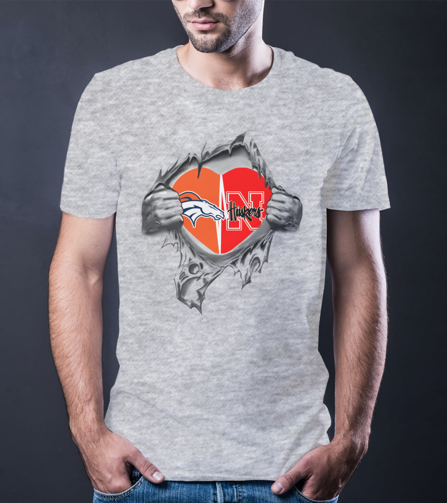 Broncos Huskers Heart With Denver Horse Logo And Nebraska N T-Shirt