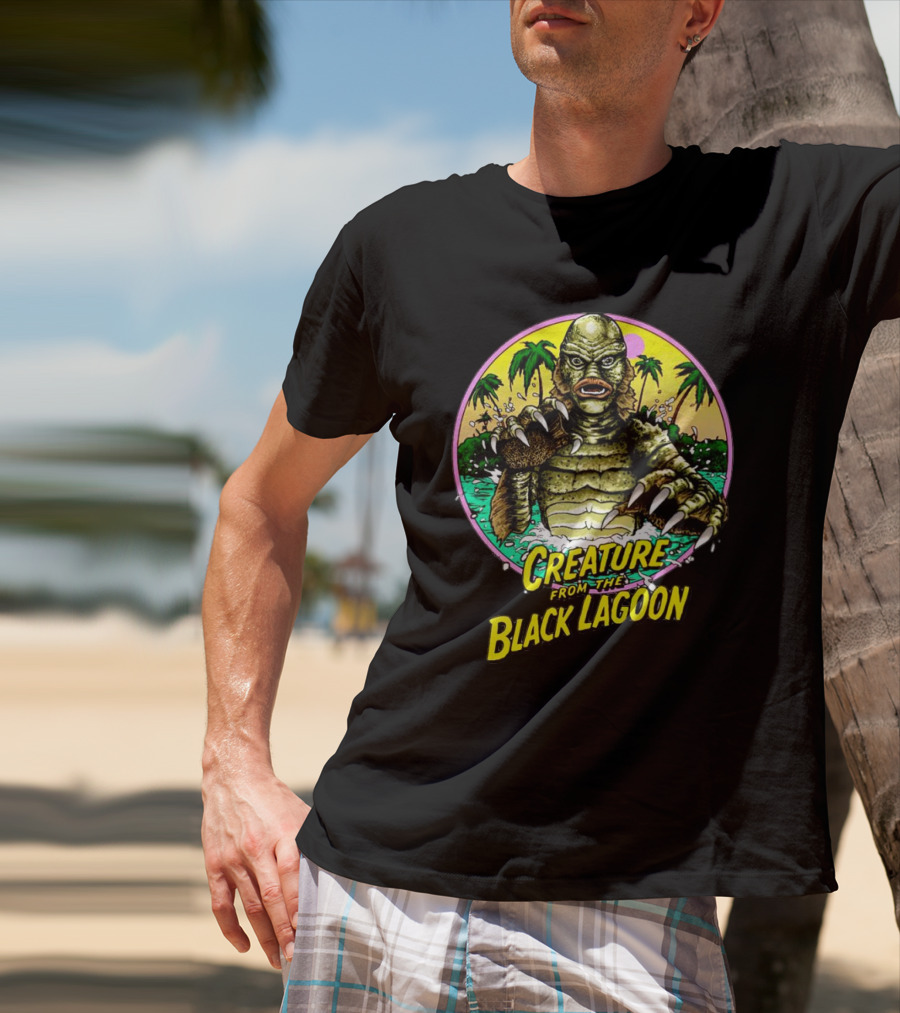 Creature From The Black Lagoon Retro Monster Beach Scene T-Shirt