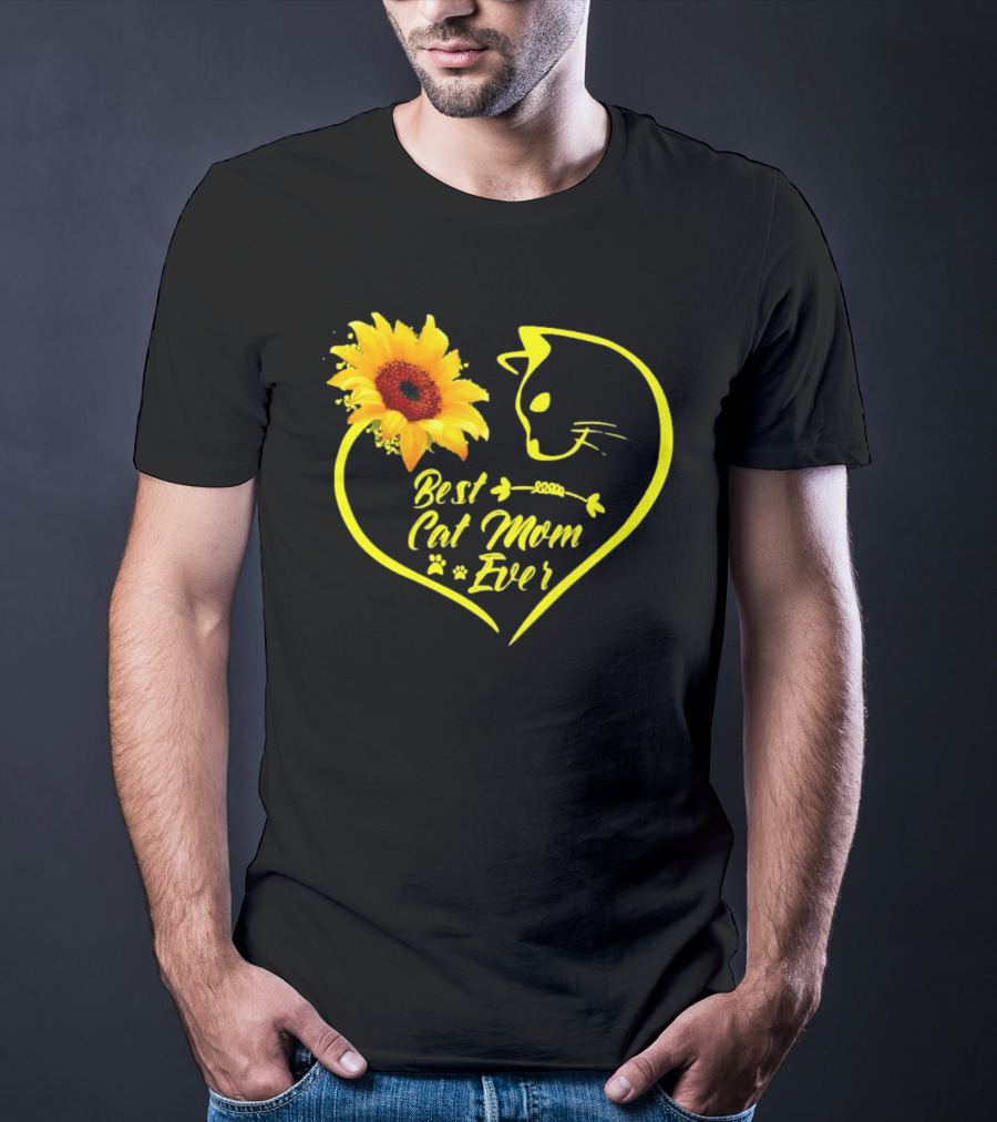 Best Cat Mom Ever Sunflower Heart Love Cat Face T-Shirt