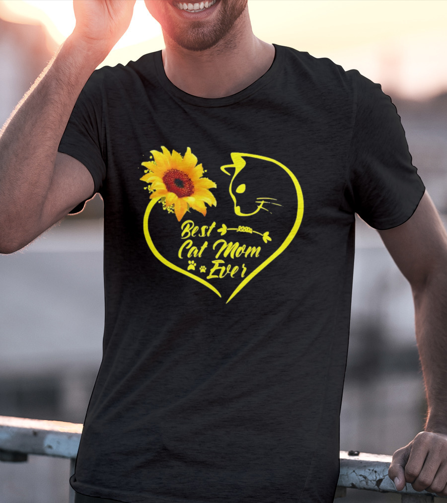 Best Cat Mom Ever Sunflower Heart Love Cat Face T-Shirt
