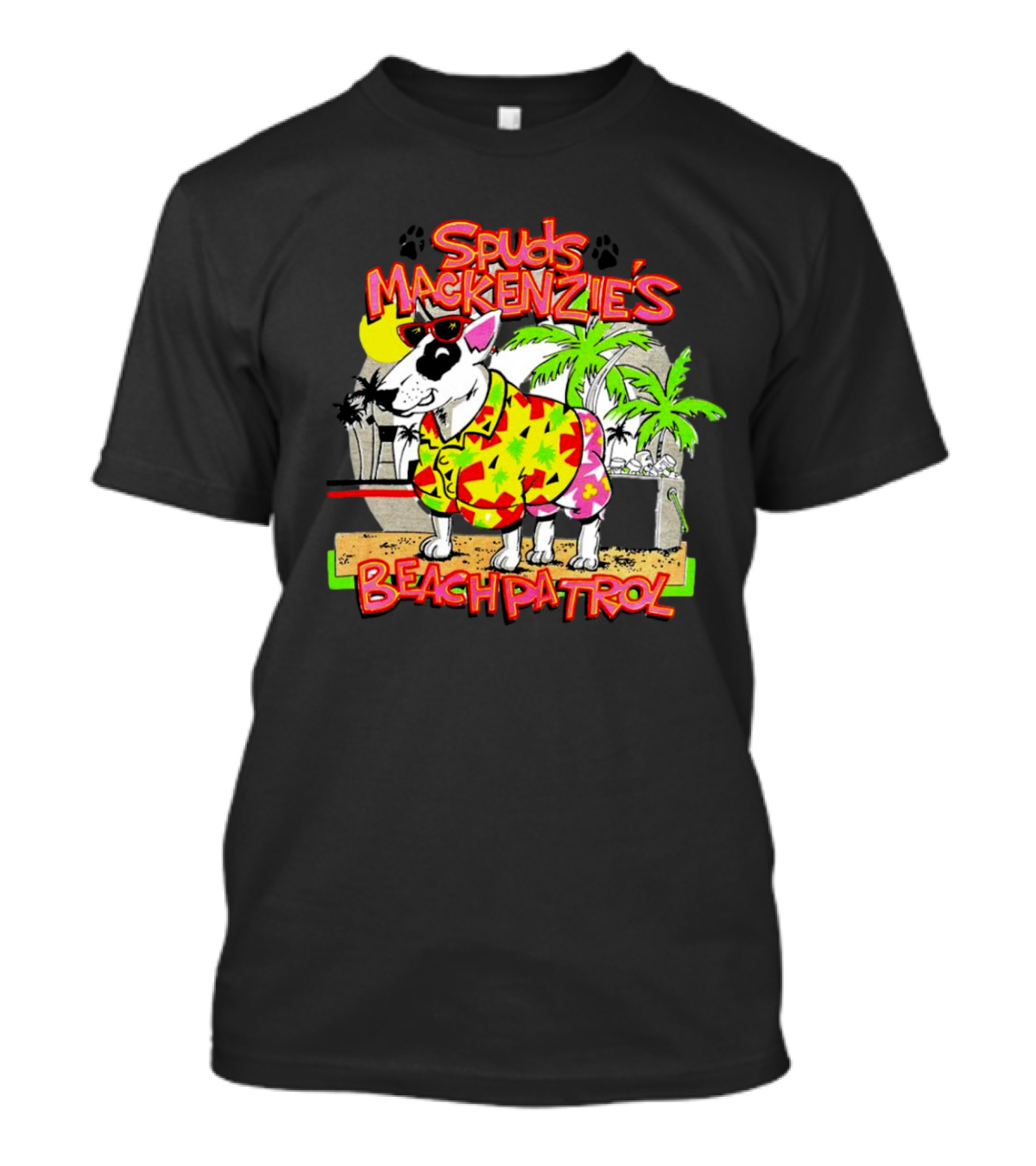 Spuds Mackenzie’s Beach Patrol Tropical Style Dog In Sunglasses And Hawaiian Shirt With Palm Trees T-Shirt