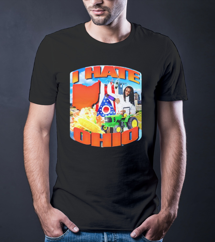 I Hate Ohio Tractor Explosion Corn Ohio Flag Skyline T-Shirt