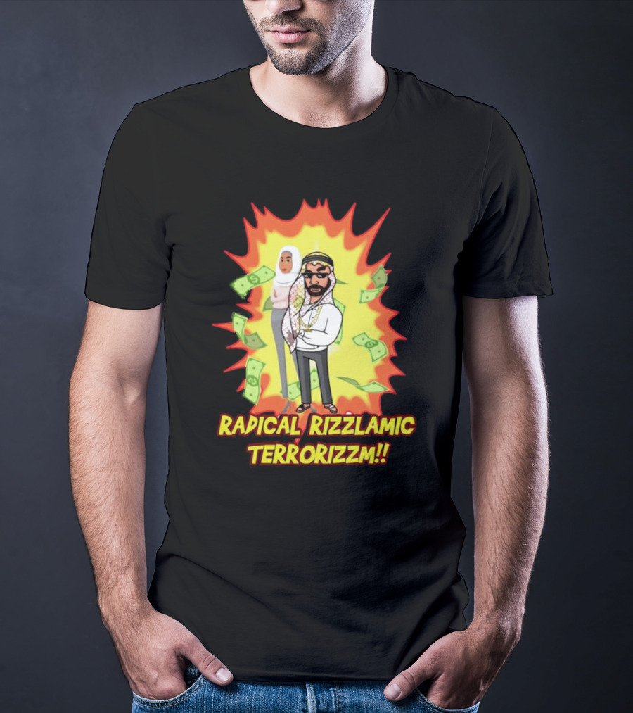 Radical Rizzlamic Terrorizzm Cartoon Characters Surrounded By Money Explosion T-Shirt