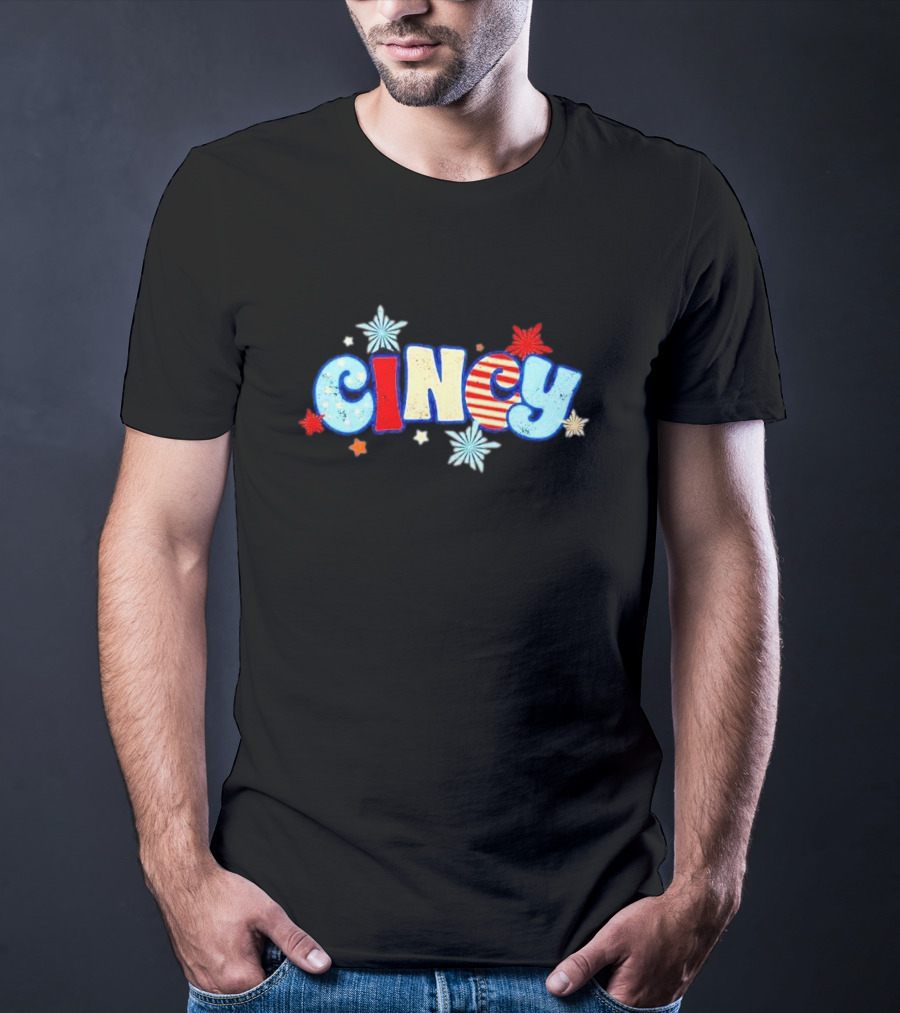 Cincy Star Burst American Flag Pattern With Red White Blue Stars T-Shirt