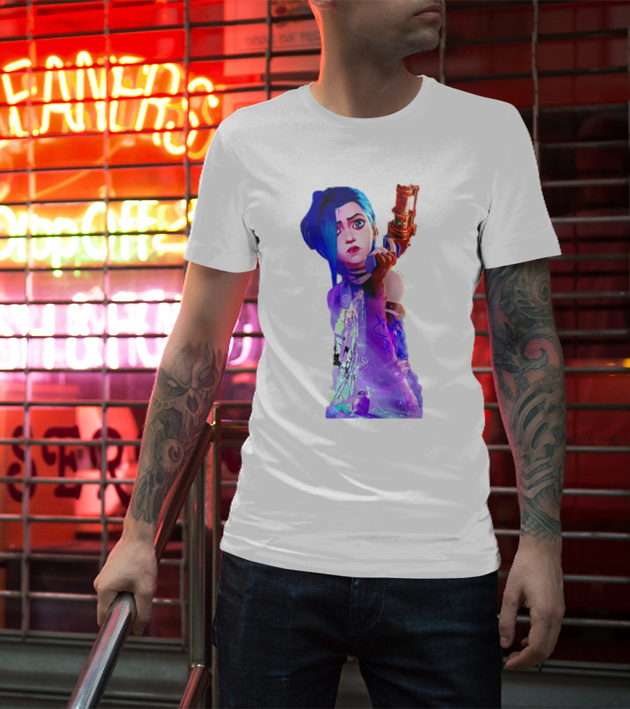 Arcane Jinx League Of Legends Character With Blue Hair And Toy Gun T-Shirt