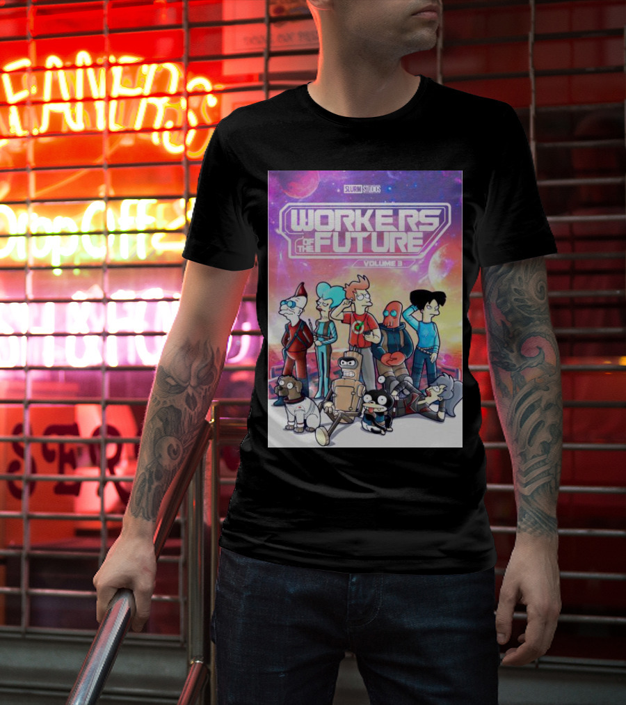 SLURM STUDIOS Workers Of The Future Volume 3 Futurama Characters Retro Futuristic T-Shirt