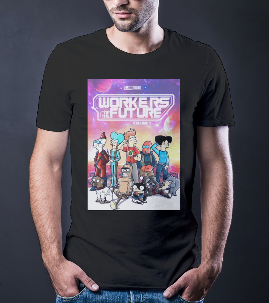 SLURM STUDIOS Workers Of The Future Volume 3 Futurama Characters Retro Futuristic T-Shirt