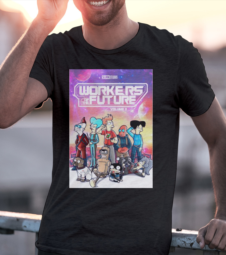 SLURM STUDIOS Workers Of The Future Volume 3 Futurama Characters Retro Futuristic T-Shirt