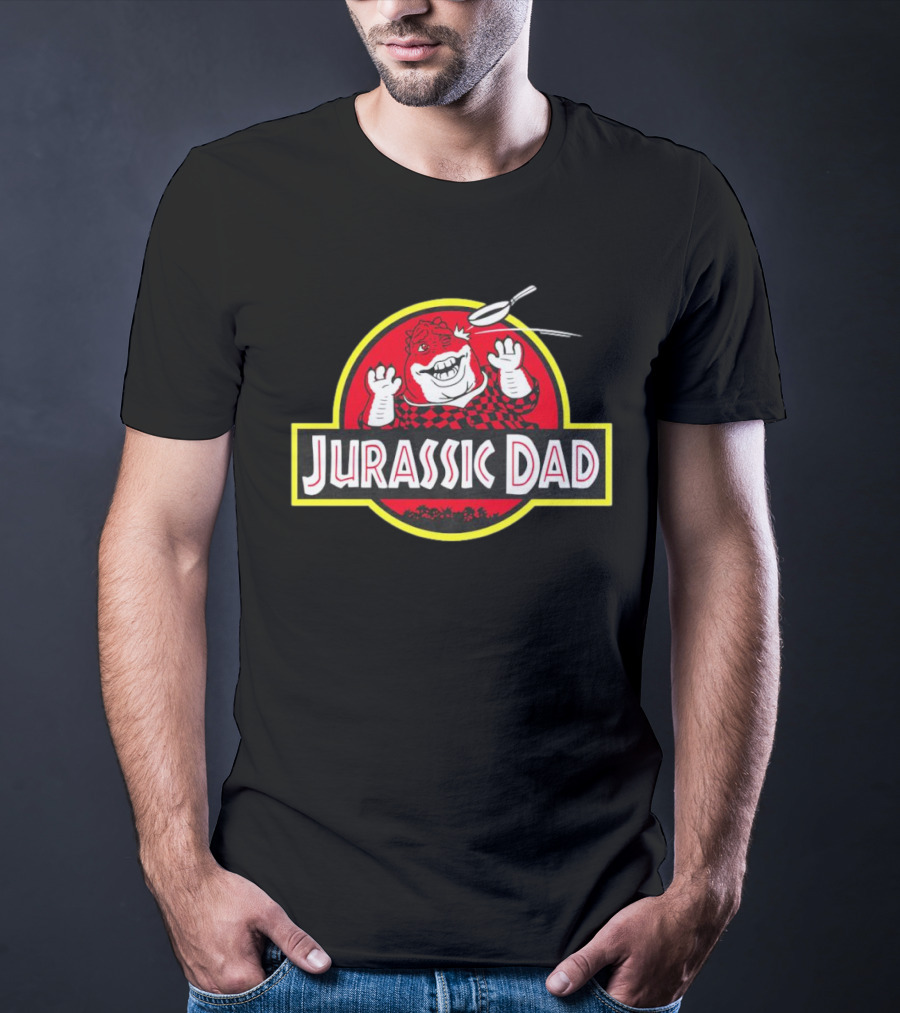 Jurassic Dad Dinosaur Cartoon Logo Frying Pan Image T-Shirt