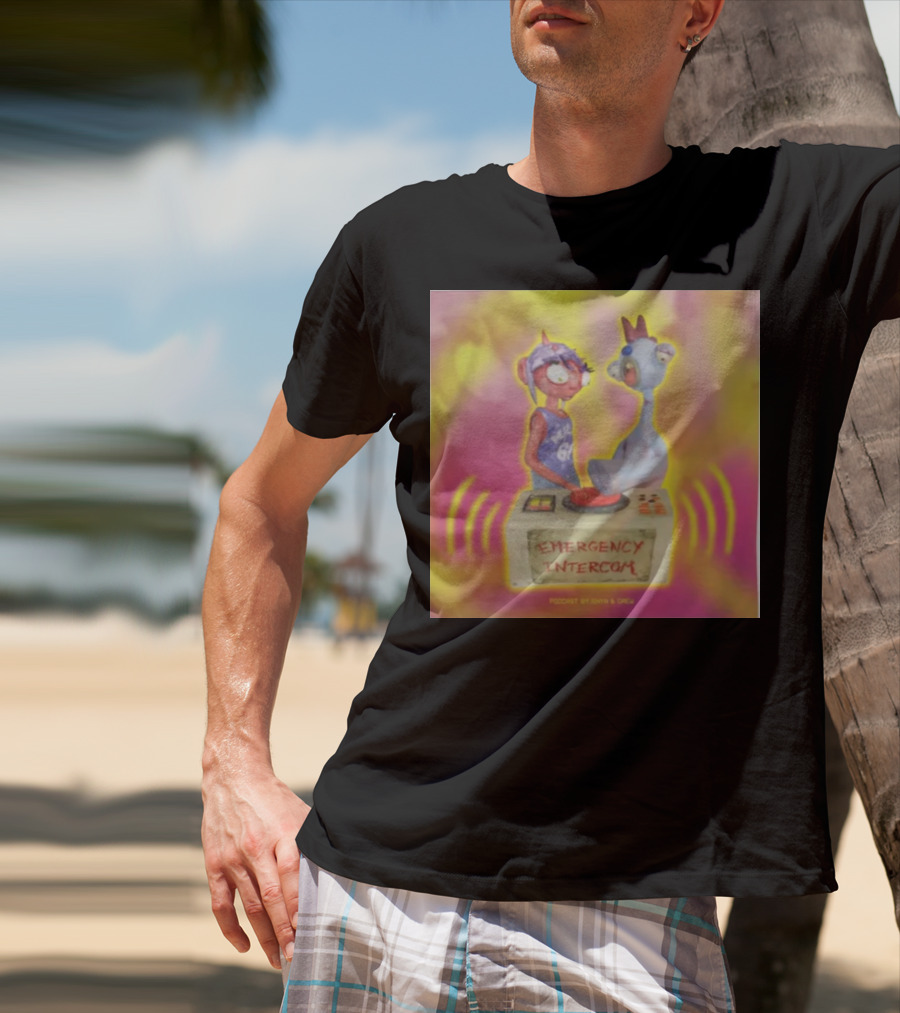 Emergency Intercom Podcast By Enya And Drew Vibrant Cartoon Characters On Bright Background T-Shirt