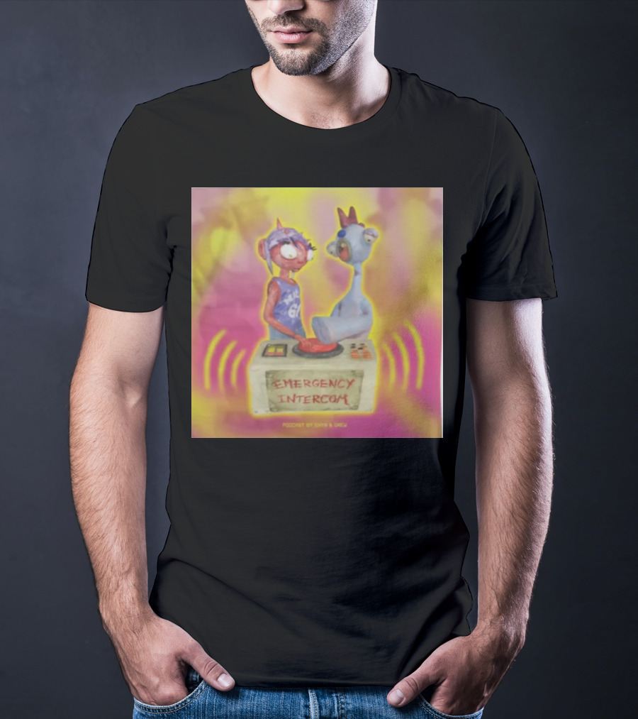 Emergency Intercom Podcast By Enya And Drew Vibrant Cartoon Characters On Bright Background T-Shirt
