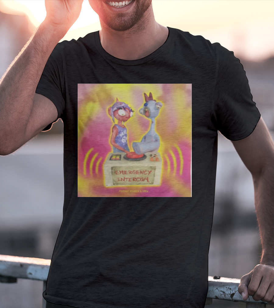 Emergency Intercom Podcast By Enya And Drew Vibrant Cartoon Characters On Bright Background T-Shirt