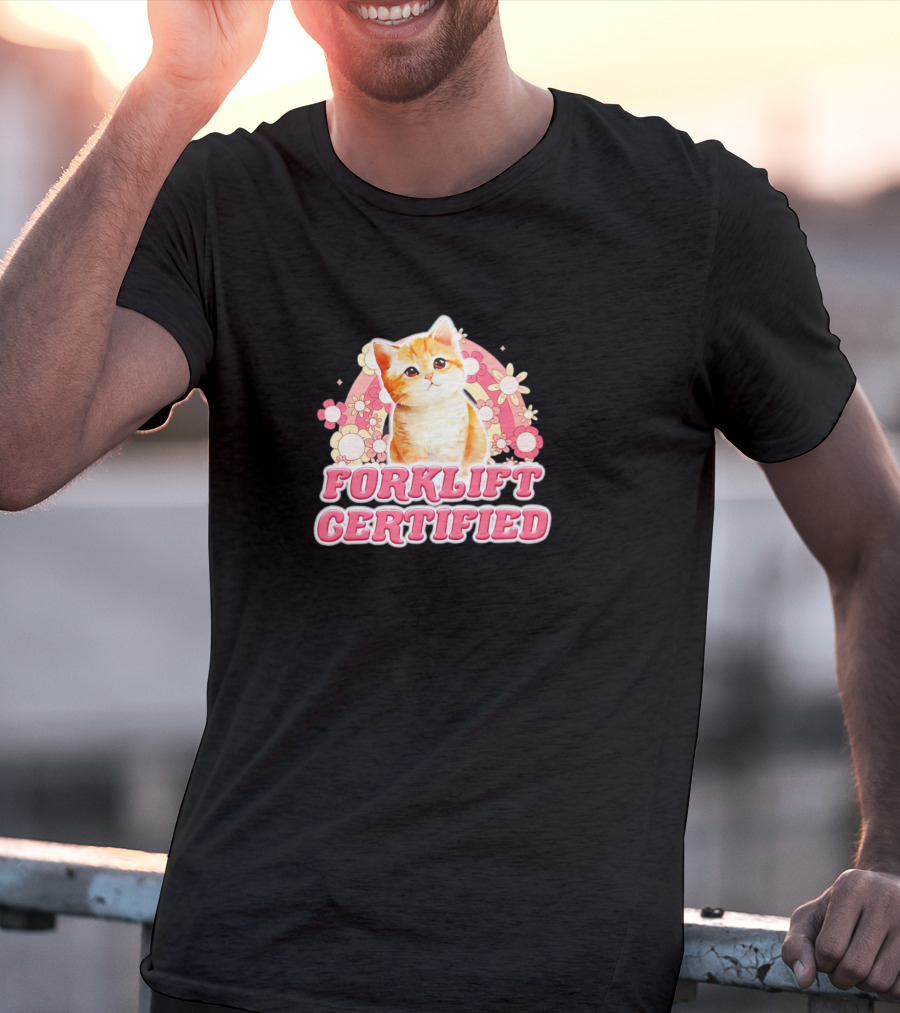 Cat Forklift Certified Cute Floral Pink T-Shirt