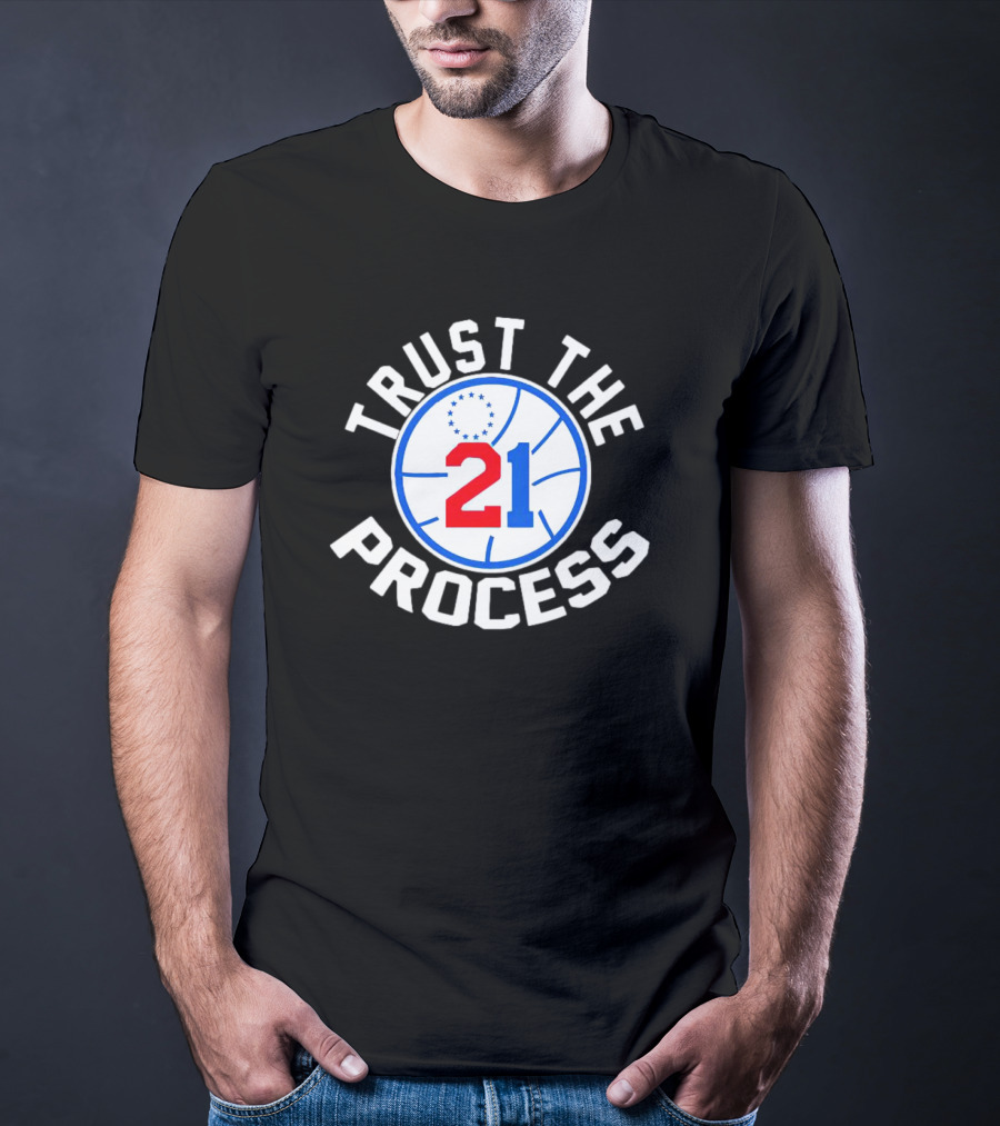 Philadelphia 76ers Joel Embiid 21 Trust The Process Basketball Emblem T-Shirt