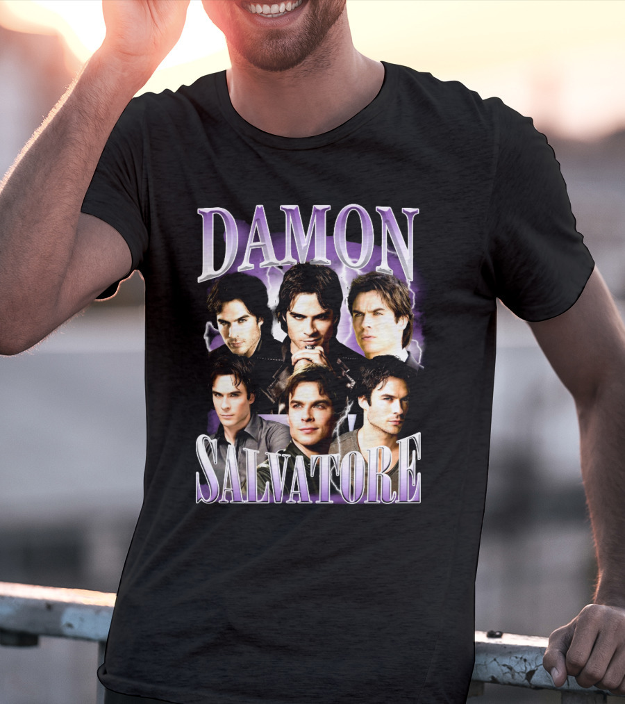 Damon Salvatore Purple Lightning Faces Collage T-Shirt