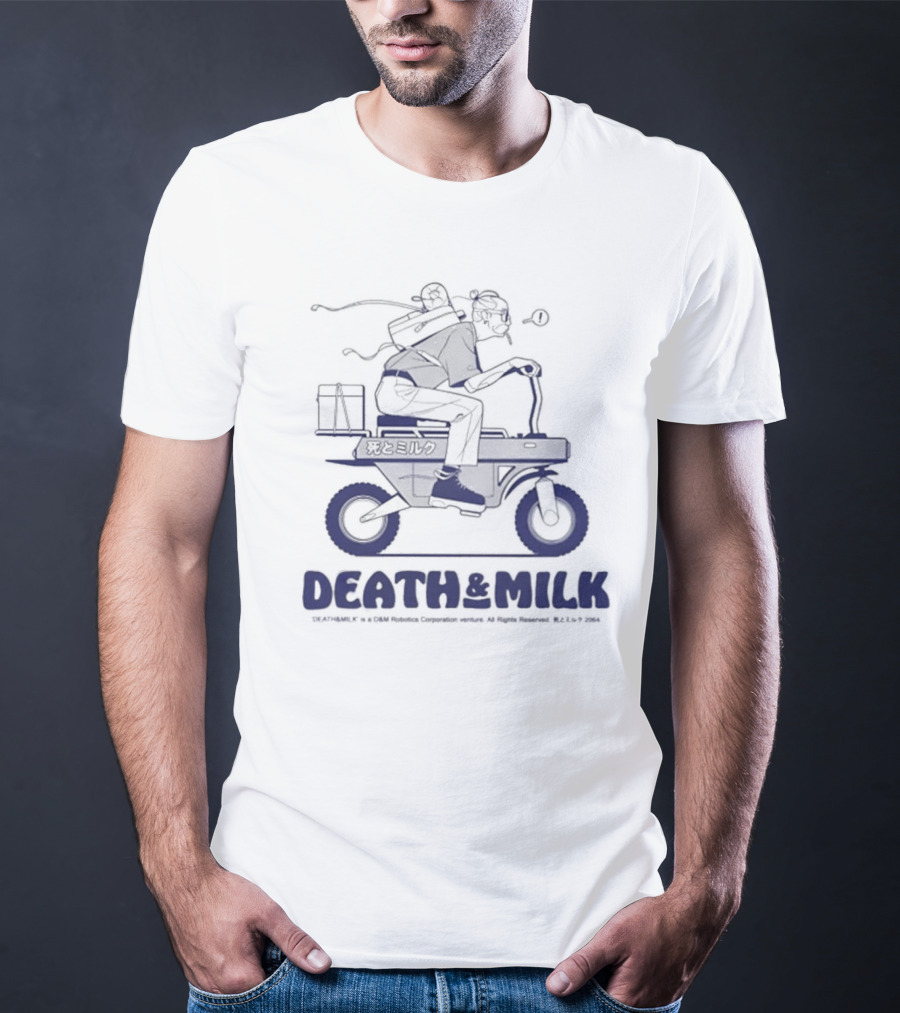 DEATH And MILK ©2004 K F Y ©C Foroffice Corp. Riding Motorbike With Backpack And Box T-Shirt
