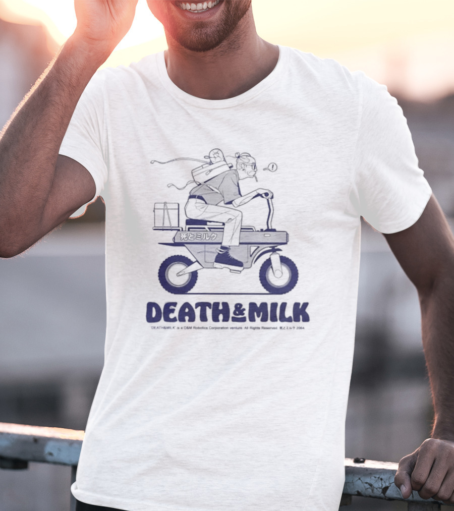 DEATH And MILK ©2004 K F Y ©C Foroffice Corp. Riding Motorbike With Backpack And Box T-Shirt