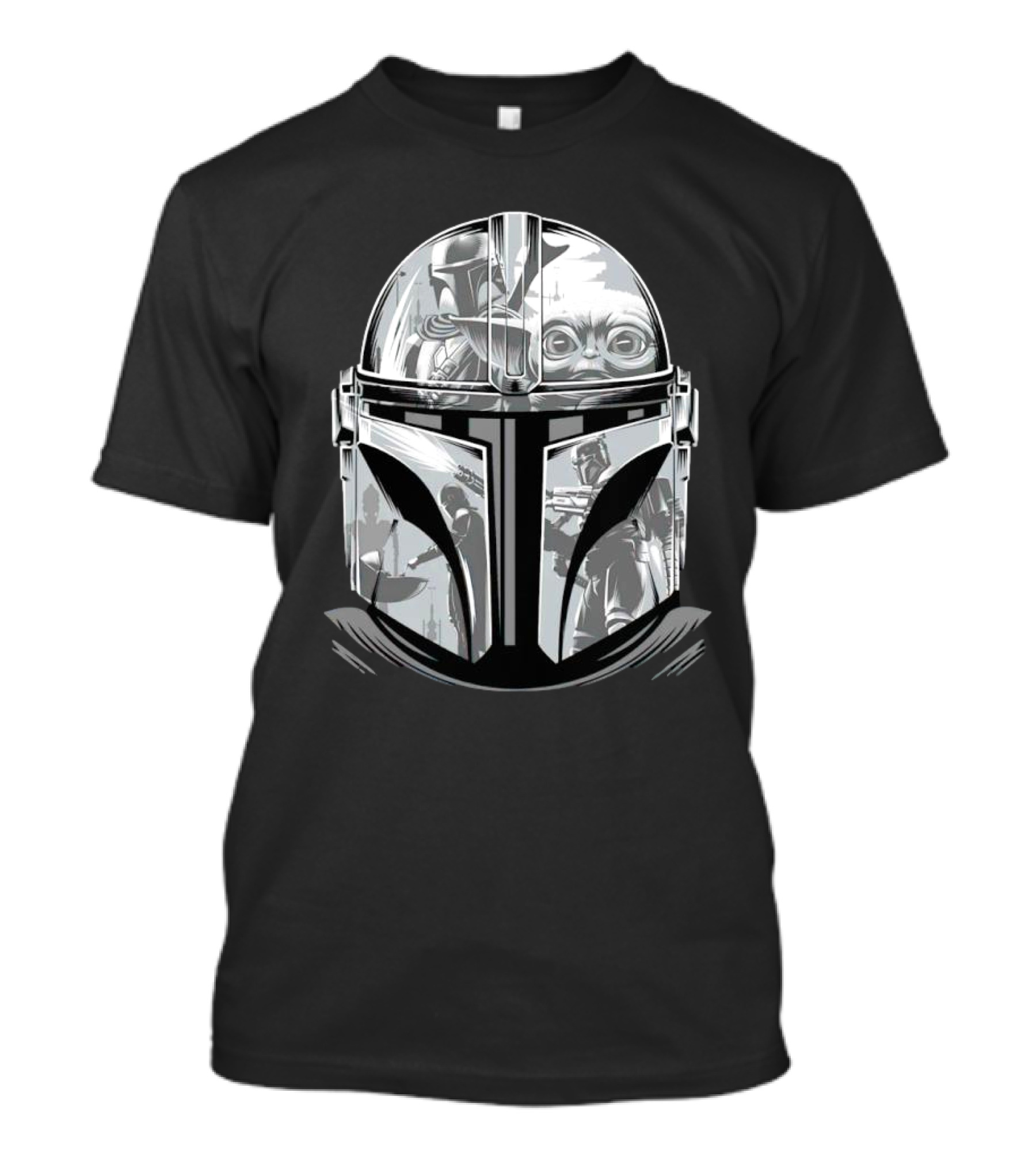 Mandalorian Helmet Artwork With Grogu And Bounty Hunter Scenes T-Shirt