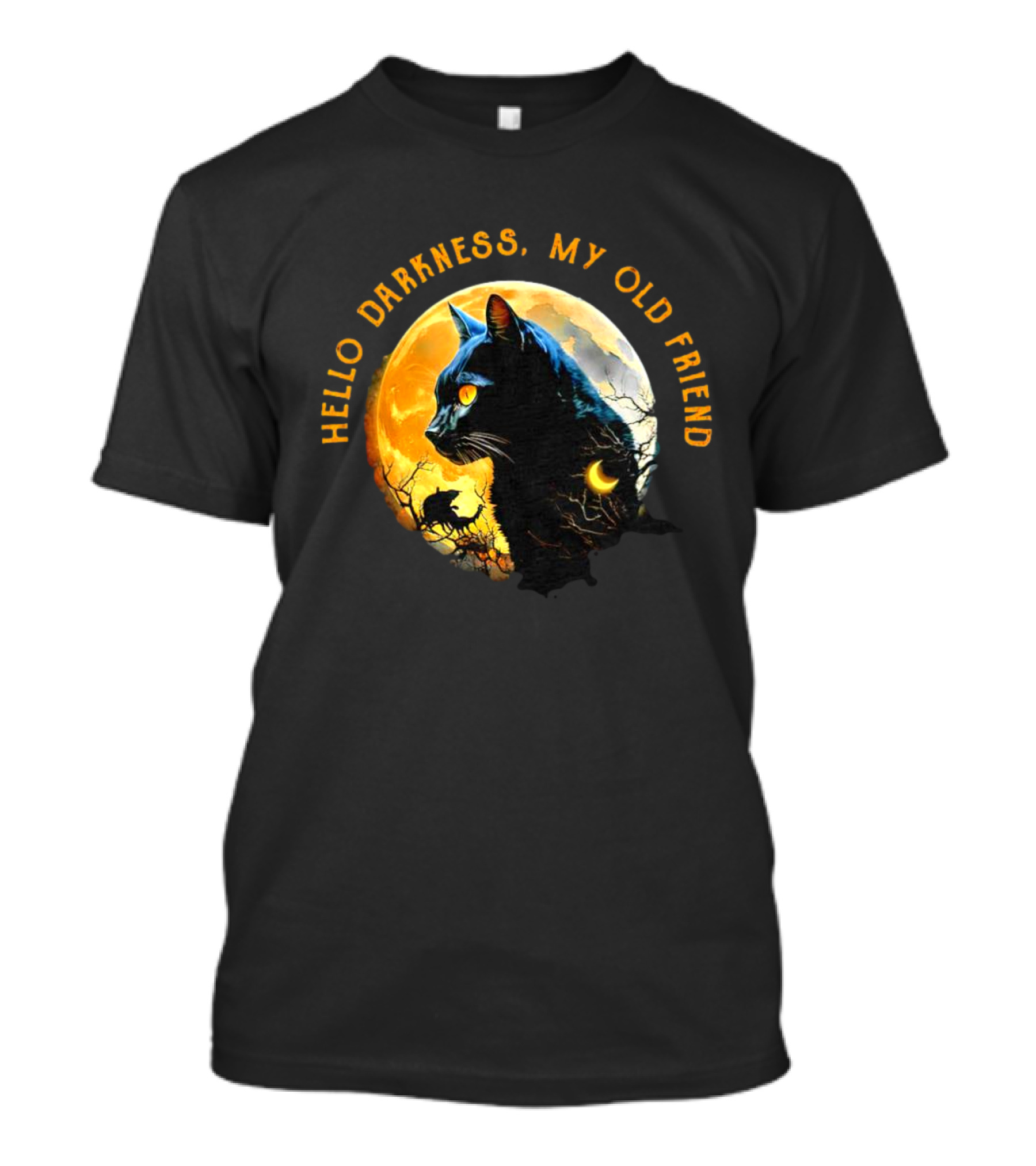 Black Cat Hello Darkness My Old Friend Moon Scene T-Shirt