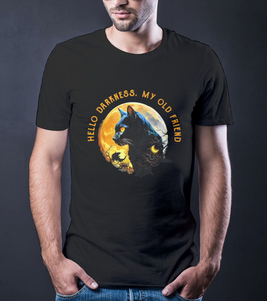 Black Cat Hello Darkness My Old Friend Moon Scene T-Shirt