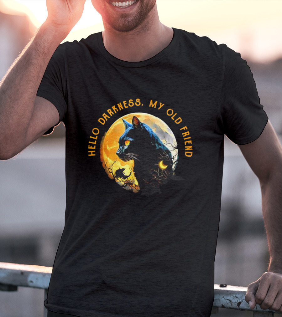 Black Cat Hello Darkness My Old Friend Moon Scene T-Shirt