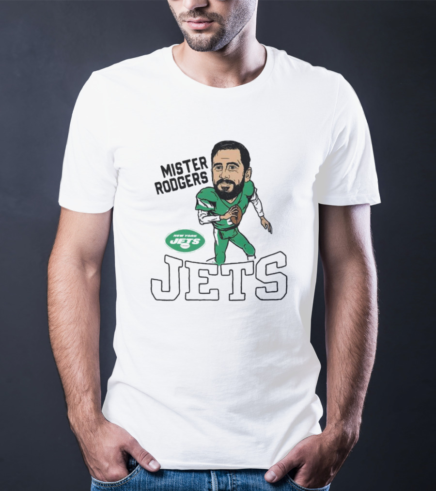 Mister Rodgers New York Jets Aaron Rodgers Caricature T-Shirt