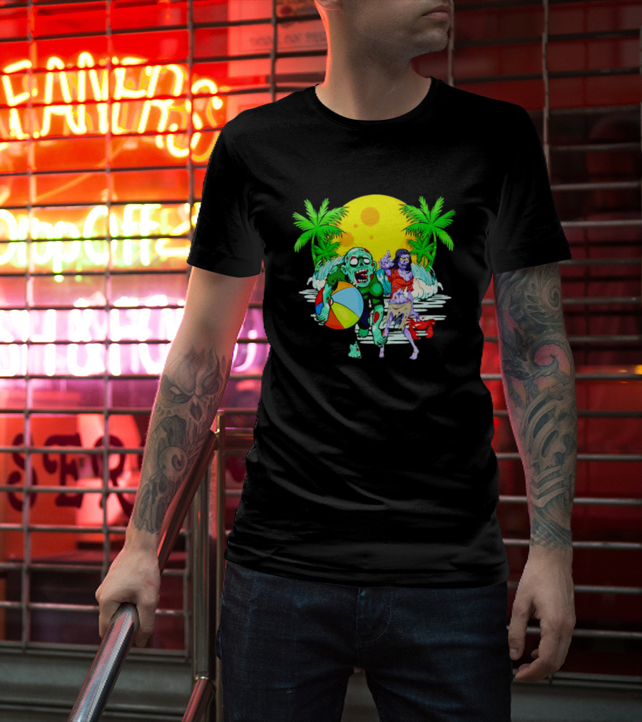 Zombie Beach Party Under Palm Trees With Beach Ball And Surf Waves T-Shirt