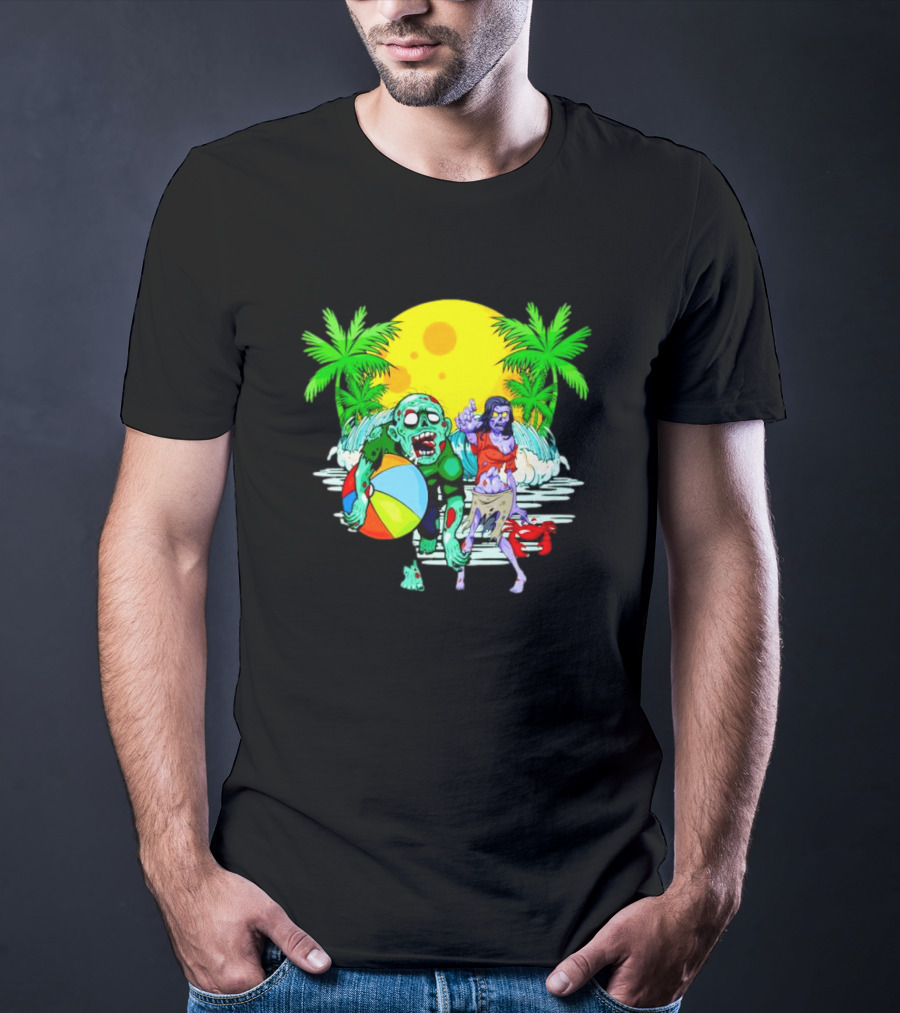 Zombie Beach Party Under Palm Trees With Beach Ball And Surf Waves T-Shirt