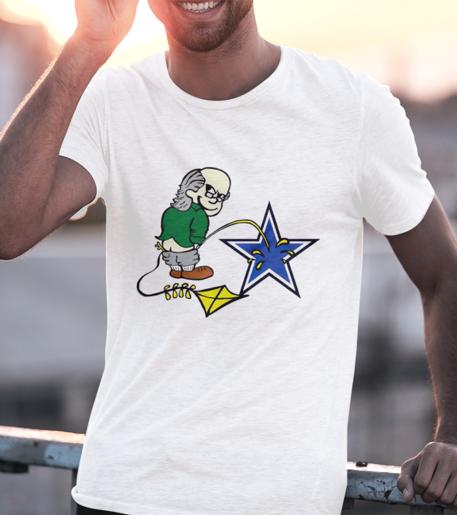 Ben Franklin With Kite Whizzing On Blue Cowboy Star T-Shirt